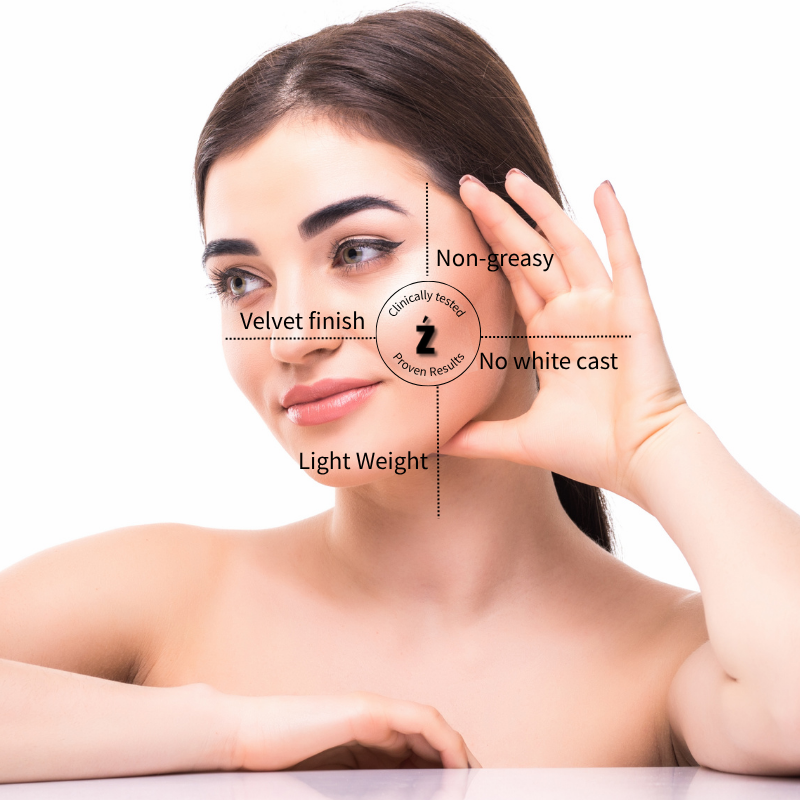 Woman applying ZENUE sunscreen with text highlighting product features on a white background