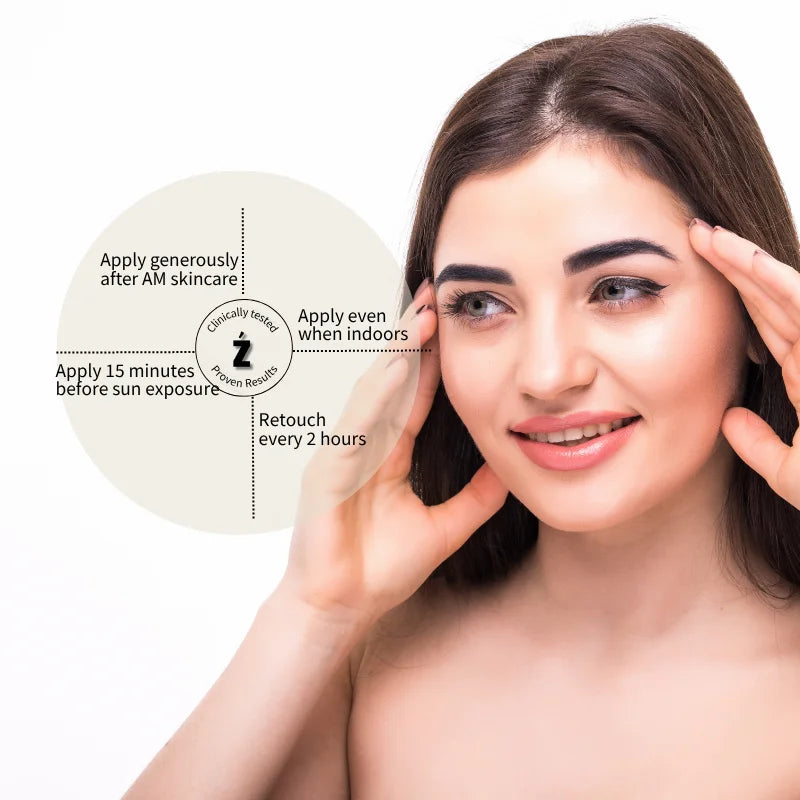 Woman applying sunscreen with product packaging and usage instructions on a white background