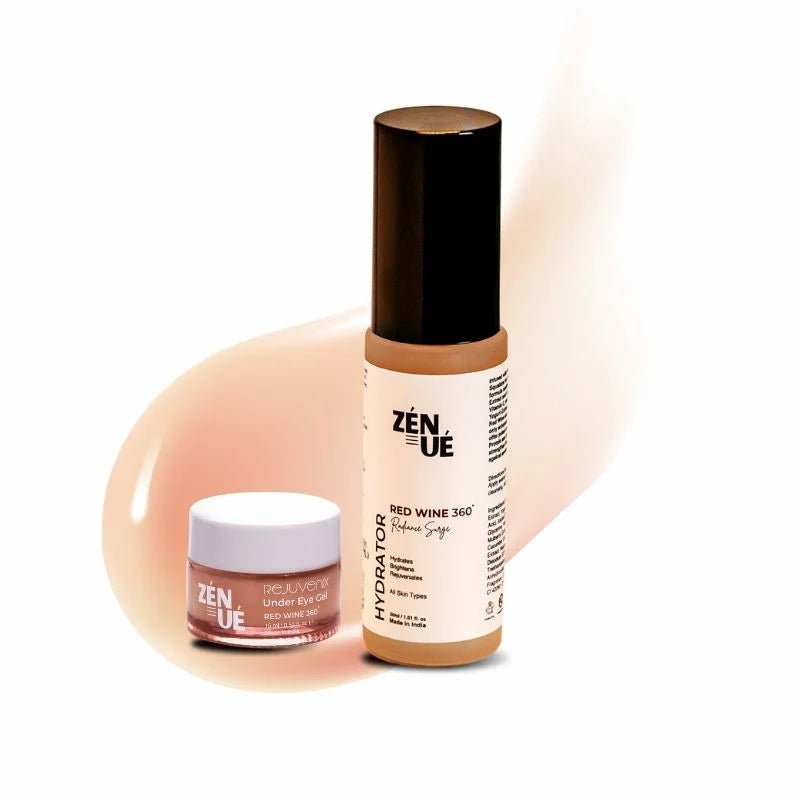 Two skincare products RADIANCE SURGE HYDRATOR AND REJUVENIX UNDER EYE Gel from ZENUE on a white background