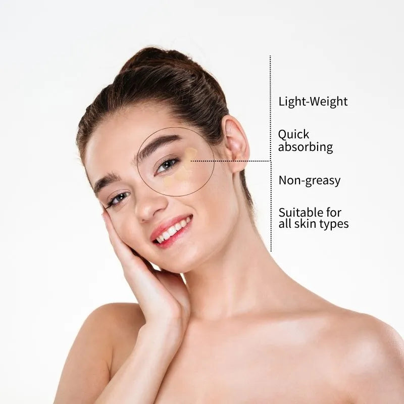 Woman with a close-up of her face, highlighting skin care product features of REJUVENIX under eye gel for dark circles, puffy eyes and fine lines on a white background