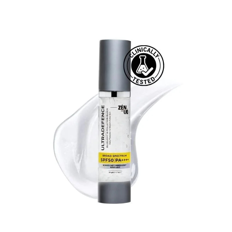 ZENUE SPF50 PA++++ sunscreen skincare bottle with clinical testing logo on a white background