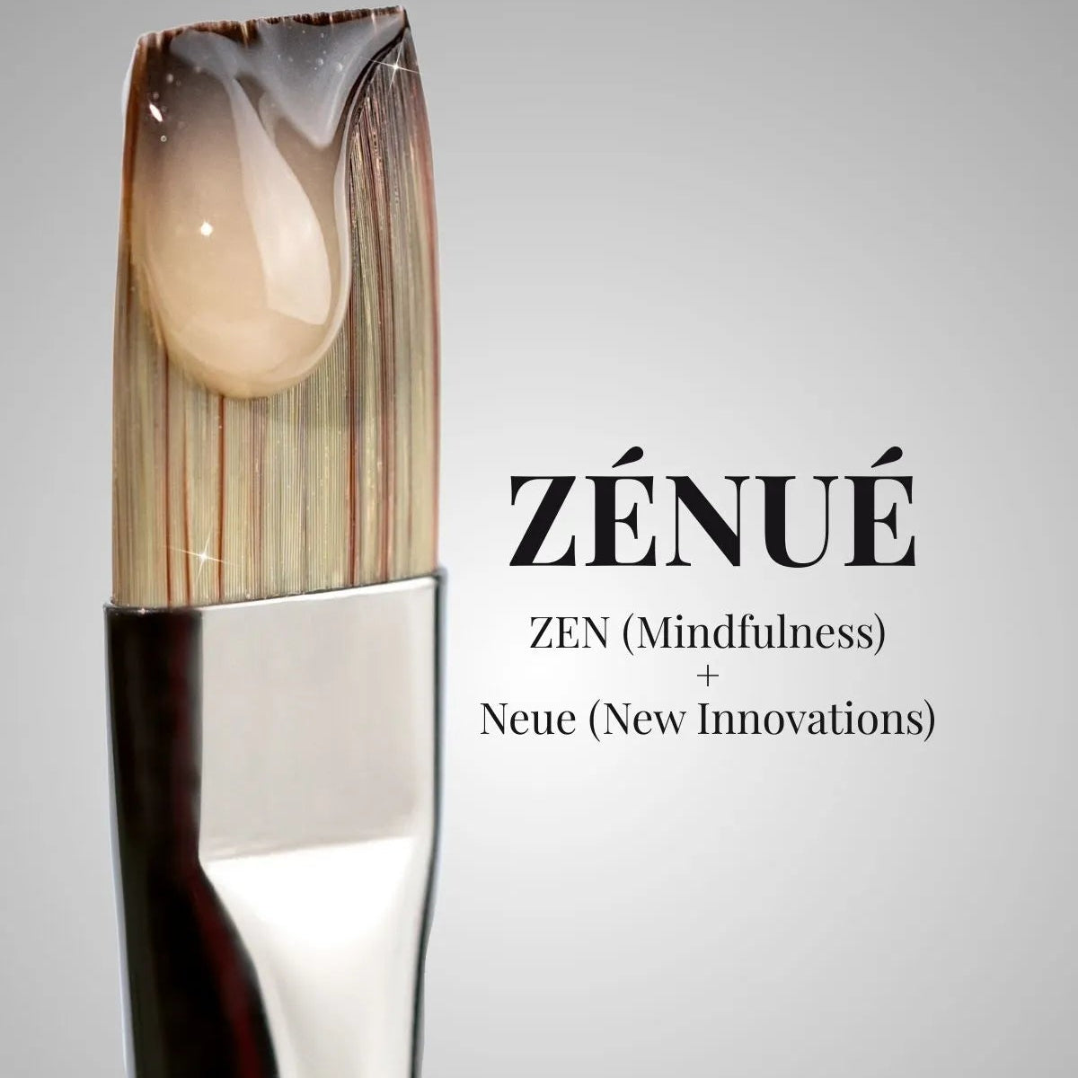 a painting brush with skincare texture flowing from the bristles of this brush and text stating the meaning of ZENUE
