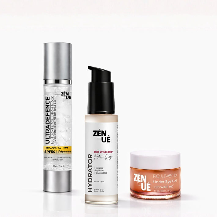 Combo set of ULTRADEFENCE SPF50 PA++++, RADIANCE SURGE HYDRATOR AND REJUVENIX UNDER EYE GEL FROM ZENUE on a white background