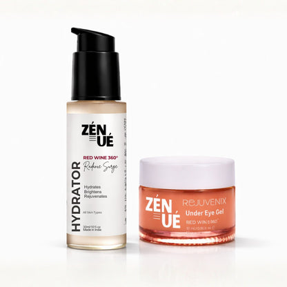 Two skincare products RADIANCE SURGE HYDRATOR AND REJUVENIX UNDER EYE GEL from ZENUE on a white background