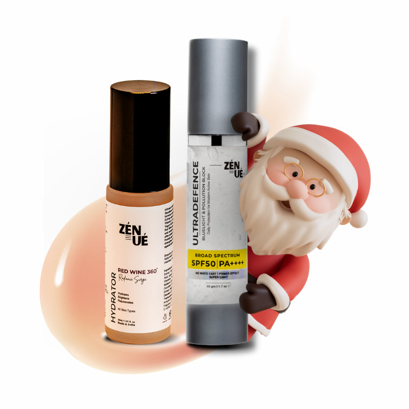 Two ZENUE skincare products with a Santa Claus figurine on a white background