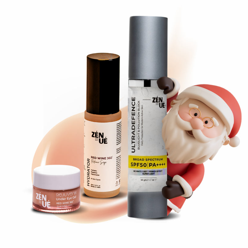 ZENUE skincare products with a Santa Claus figurine on a white background