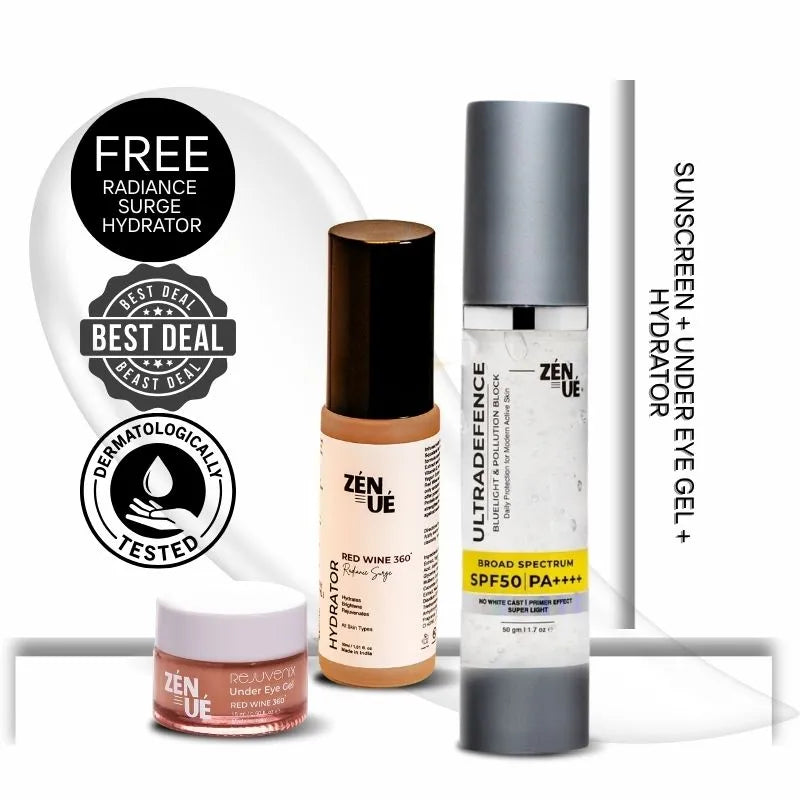 Collection of skincare products with ZenUe branding on a white background
