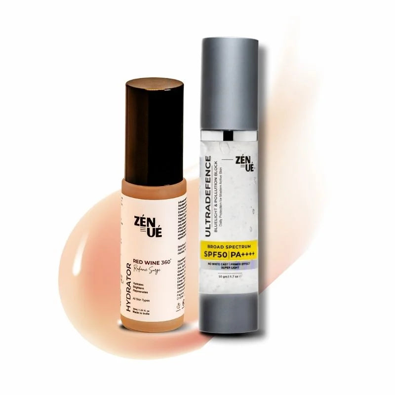 Two skincare  Radiance surge hydrator and ultradefence sunscreen products from ZENUE on a white background