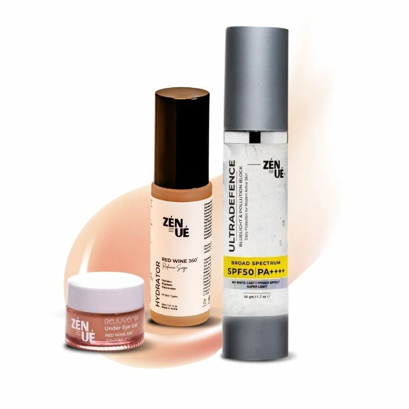 Three skincare products from ZENUE on a white background
