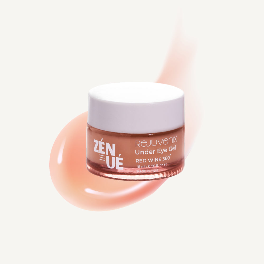 Jar of ZENUE Rejuvenix Under Eye Gel on a light pink background