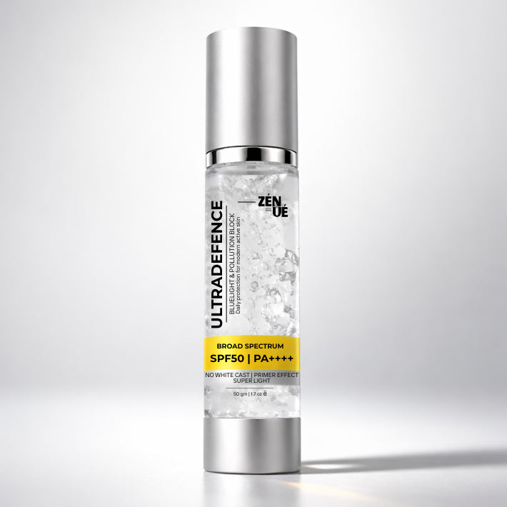 Zenue Ultra Defence sunscreen spf50 PA++++ bottle on a gray background