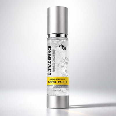 Zenue Ultra Defence sunscreen spf50 PA++++ bottle on a gray background
