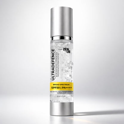 Zenue Ultra Defence sunscreen spf50 PA++++ bottle on a gray background