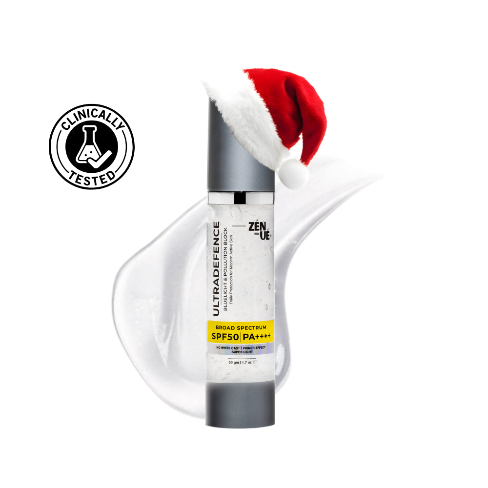 ZENUE ULTRADEFENCE SUNSCREEN  bottle with a Santa hat on a white background