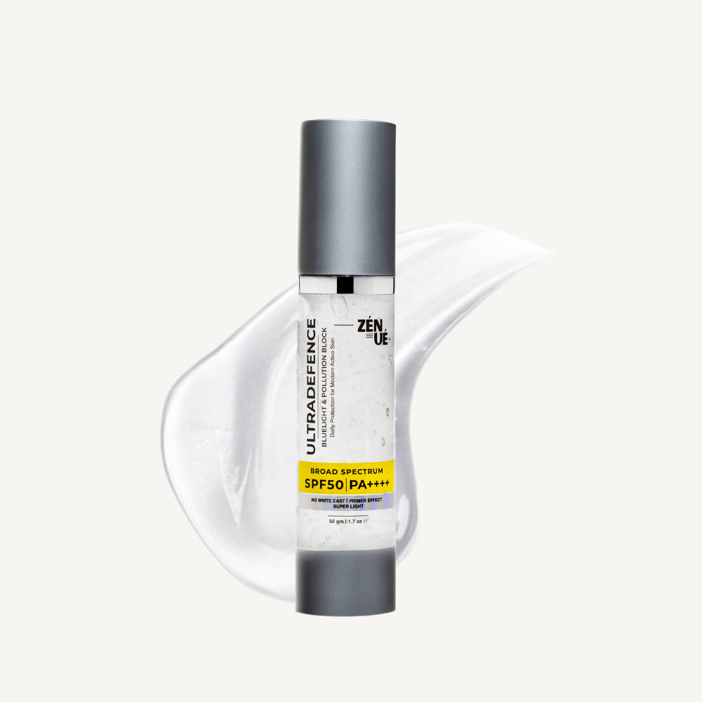Skincare bottle with a white background and label ULTRADEFENCE SPF50 and bluelight block