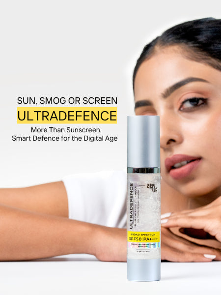 ZENUE UltraDefense skincare product with a woman's face and arm in the background.